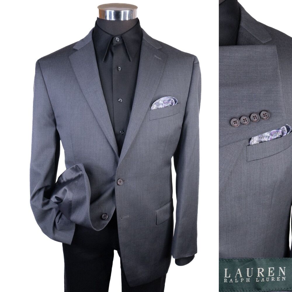 Ralph Lauren Solid Gray Suit Jacket Sport Coat Blazer Two Button Sz 44R Wool EUC
